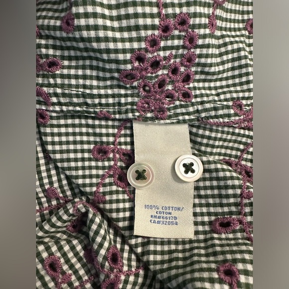 Anthro ODILLE Embroidered Eyelet ButtonDown Shirt Top Blouse Green Purple White - Picture 10 of 12